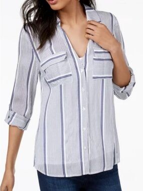INC International Concepts Button Front, V Neck Blue & White Striped Blouse XL